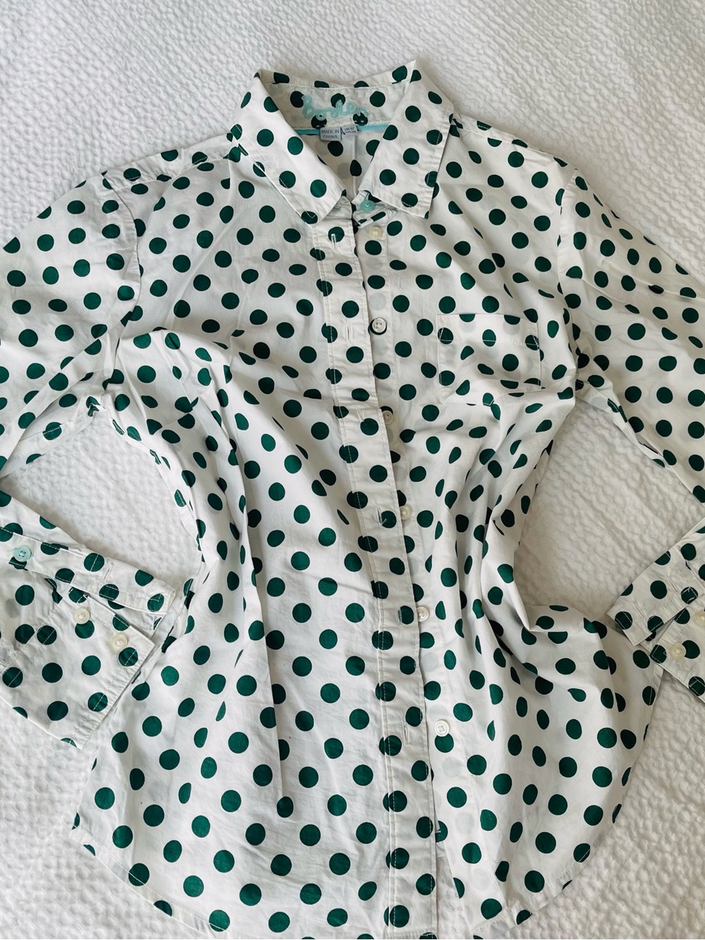 Boden White Button-Down Shirt with Green Polka Dots